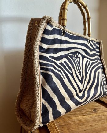 Bolso grande tela print cebra y tela de yute1