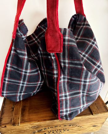 Bolso de tela cuadro escocés y terciopelo rojo01