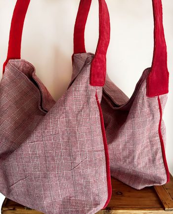 Bolso de tela cuadro escocés y terciopelo rojo01