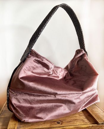 Bolso de terciopelo rosa y tejido de espiga gris02