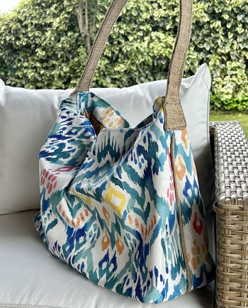 Bolso de playa en tela menorquina azul y yute01
