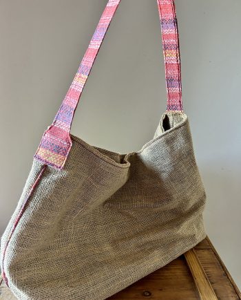 Bolsa de playa de yute y tela de rayas roja01