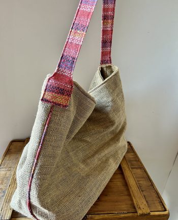 Bolsa de playa de yute y tela de rayas roja02
